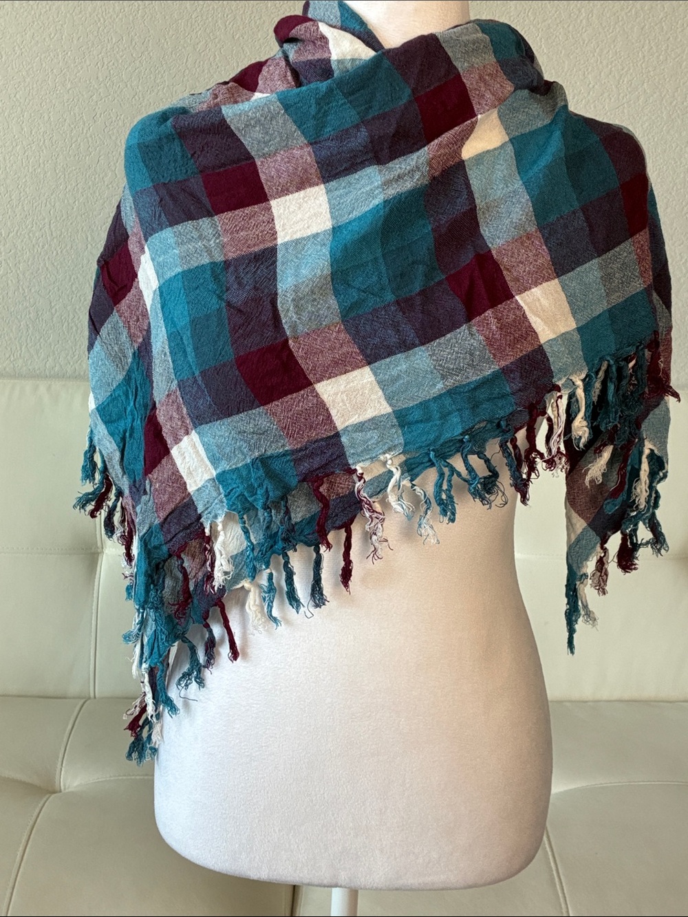 Plaid Fringe Scarf Wrap in Teal, Burgundy & Cream